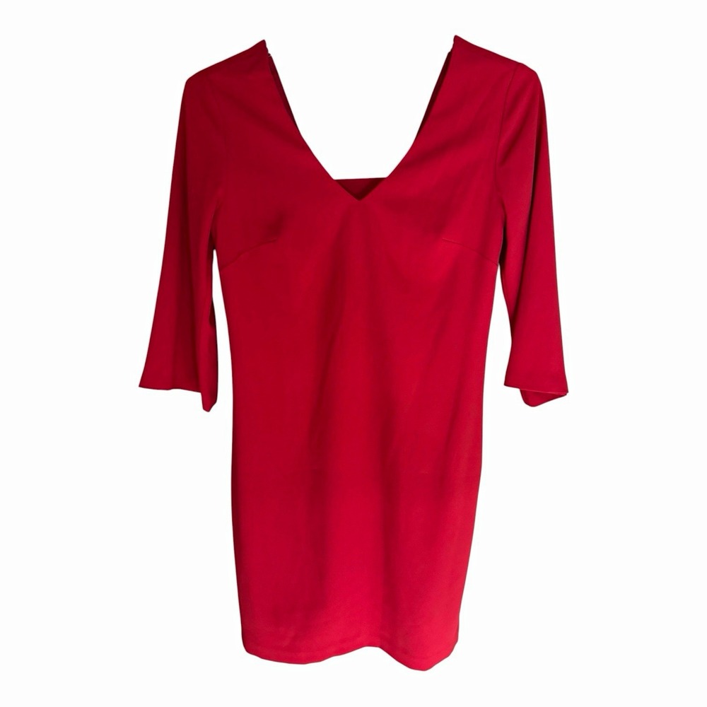 Trina Turk Red Solid V-Neck 3/4 Sleeve Malbec Shift Dress Women's Sz M